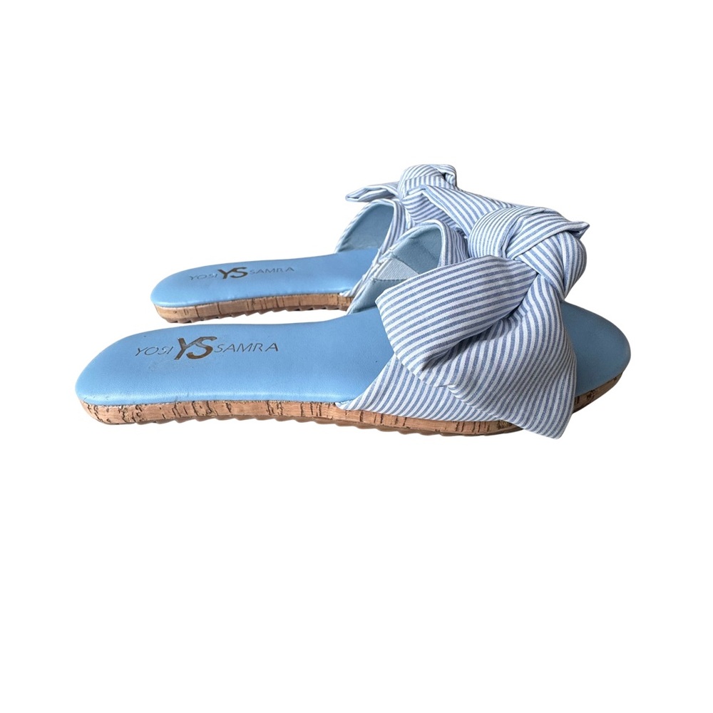 Yosi Samra Nicole Bow Slide Sandals Blue and White Stripe Bow Cork Sole Size 8 - Picture 2 of 6